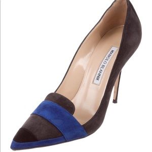 MANOLO BLAHNIK Durut Multicolor Suede Pointed-Toe Loafer Pump, Gray/Cobalt/Black